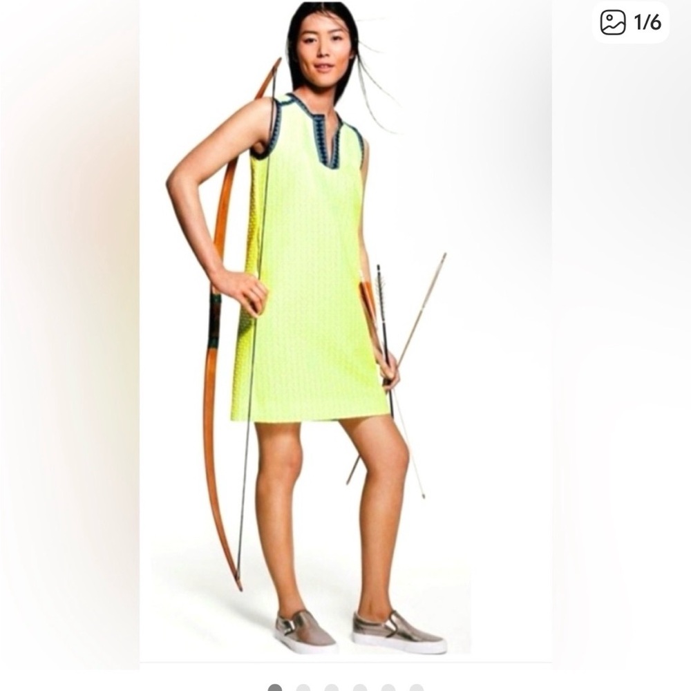 J Crew Sleeveless Shift Dress Neon Yellow Geometric Trim‎ Size 8